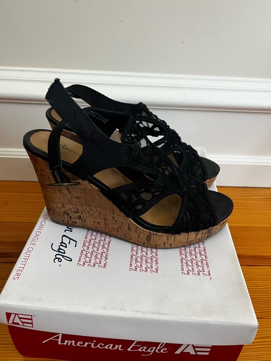 American Eagle Outfitters Shoes - American Eagle Outfitters Black Lace Cork Wedge Sandals
